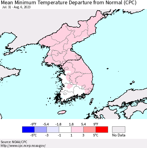 Korea Mean Minimum Temperature Departure from Normal (CPC) Thematic Map For 7/31/2023 - 8/6/2023