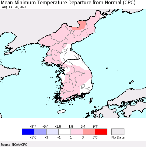 Korea Mean Minimum Temperature Departure from Normal (CPC) Thematic Map For 8/14/2023 - 8/20/2023