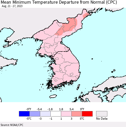 Korea Mean Minimum Temperature Departure from Normal (CPC) Thematic Map For 8/21/2023 - 8/27/2023
