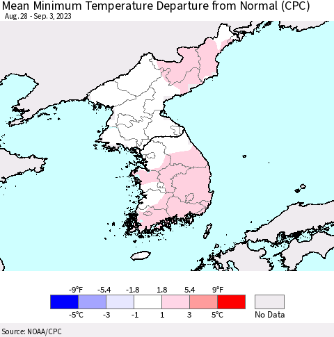 Korea Mean Minimum Temperature Departure from Normal (CPC) Thematic Map For 8/28/2023 - 9/3/2023