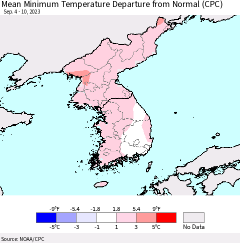 Korea Mean Minimum Temperature Departure from Normal (CPC) Thematic Map For 9/4/2023 - 9/10/2023