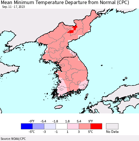 Korea Mean Minimum Temperature Departure from Normal (CPC) Thematic Map For 9/11/2023 - 9/17/2023