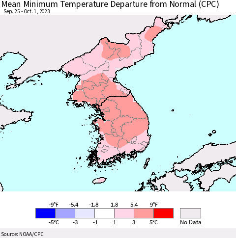 Korea Mean Minimum Temperature Departure from Normal (CPC) Thematic Map For 9/25/2023 - 10/1/2023