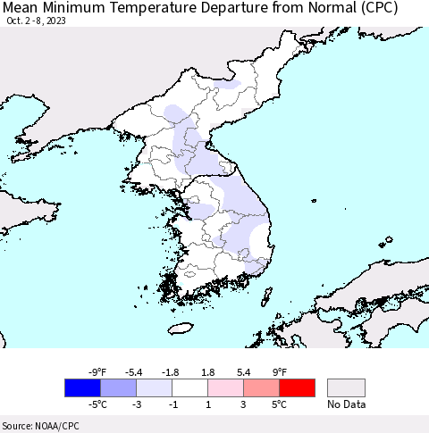 Korea Mean Minimum Temperature Departure from Normal (CPC) Thematic Map For 10/2/2023 - 10/8/2023