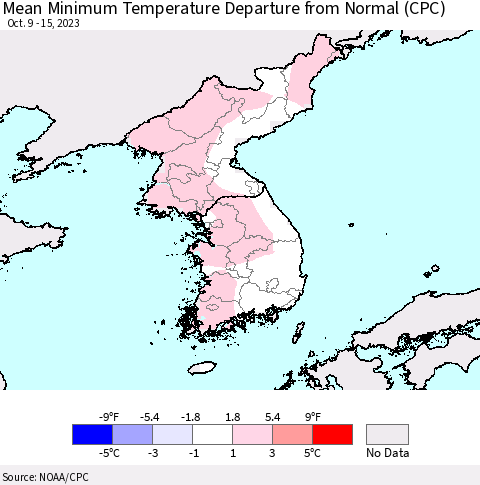 Korea Mean Minimum Temperature Departure from Normal (CPC) Thematic Map For 10/9/2023 - 10/15/2023
