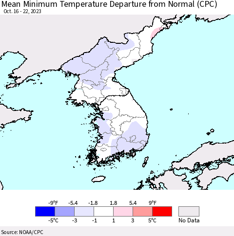 Korea Mean Minimum Temperature Departure from Normal (CPC) Thematic Map For 10/16/2023 - 10/22/2023