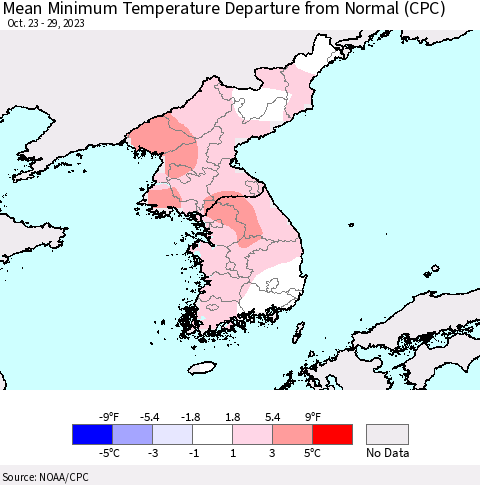 Korea Mean Minimum Temperature Departure from Normal (CPC) Thematic Map For 10/23/2023 - 10/29/2023