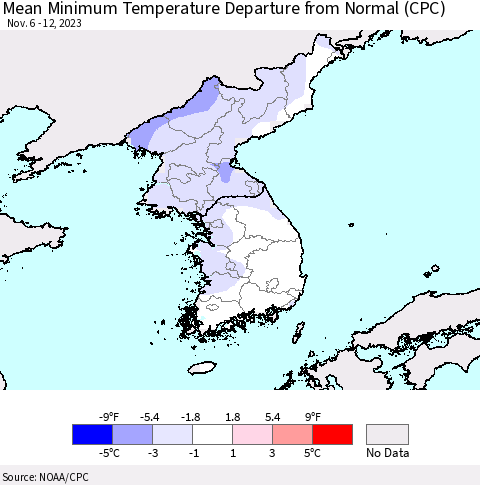 Korea Mean Minimum Temperature Departure from Normal (CPC) Thematic Map For 11/6/2023 - 11/12/2023