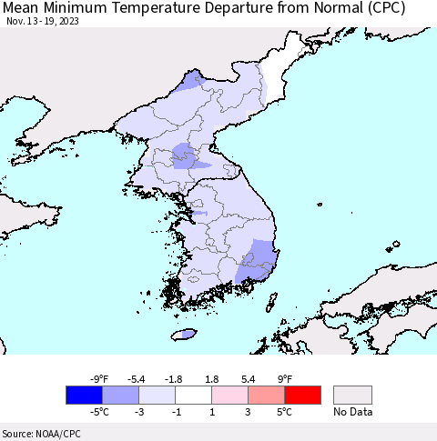 Korea Mean Minimum Temperature Departure from Normal (CPC) Thematic Map For 11/13/2023 - 11/19/2023