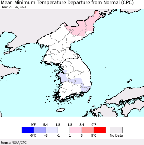 Korea Mean Minimum Temperature Departure from Normal (CPC) Thematic Map For 11/20/2023 - 11/26/2023