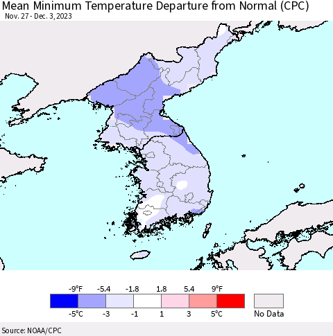 Korea Mean Minimum Temperature Departure from Normal (CPC) Thematic Map For 11/27/2023 - 12/3/2023