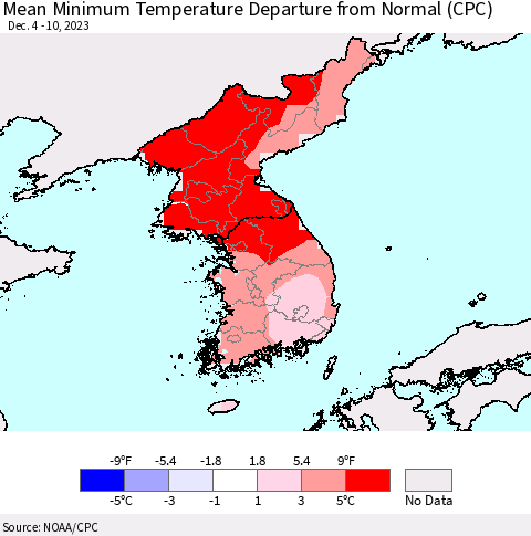 Korea Mean Minimum Temperature Departure from Normal (CPC) Thematic Map For 12/4/2023 - 12/10/2023