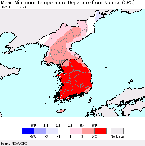 Korea Mean Minimum Temperature Departure from Normal (CPC) Thematic Map For 12/11/2023 - 12/17/2023