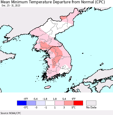 Korea Mean Minimum Temperature Departure from Normal (CPC) Thematic Map For 12/25/2023 - 12/31/2023