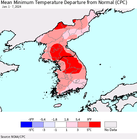 Korea Mean Minimum Temperature Departure from Normal (CPC) Thematic Map For 1/1/2024 - 1/7/2024