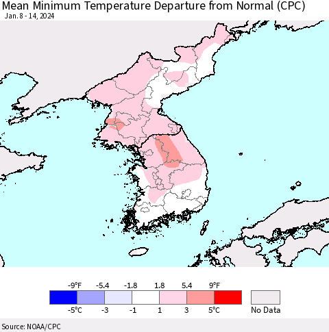 Korea Mean Minimum Temperature Departure from Normal (CPC) Thematic Map For 1/8/2024 - 1/14/2024