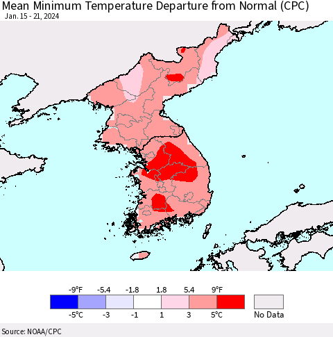 Korea Mean Minimum Temperature Departure from Normal (CPC) Thematic Map For 1/15/2024 - 1/21/2024