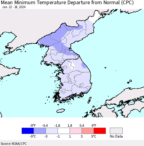 Korea Mean Minimum Temperature Departure from Normal (CPC) Thematic Map For 1/22/2024 - 1/28/2024