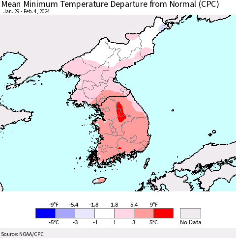 Korea Mean Minimum Temperature Departure from Normal (CPC) Thematic Map For 1/29/2024 - 2/4/2024