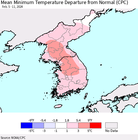 Korea Mean Minimum Temperature Departure from Normal (CPC) Thematic Map For 2/5/2024 - 2/11/2024