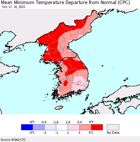 Korea Mean Minimum Temperature Departure from Normal (CPC) Thematic Map For 2/12/2024 - 2/18/2024