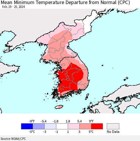 Korea Mean Minimum Temperature Departure from Normal (CPC) Thematic Map For 2/19/2024 - 2/25/2024