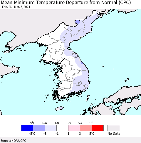 Korea Mean Minimum Temperature Departure from Normal (CPC) Thematic Map For 2/26/2024 - 3/3/2024