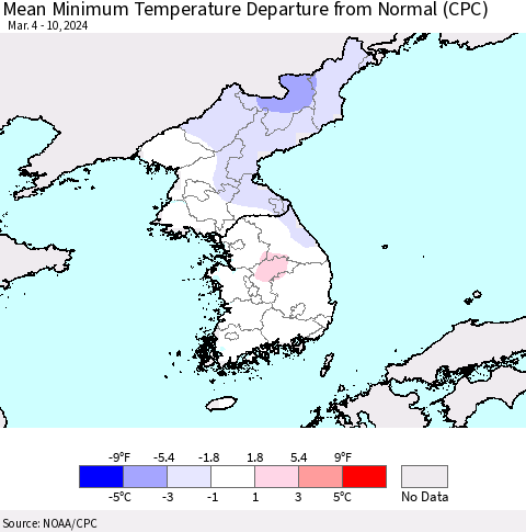 Korea Mean Minimum Temperature Departure from Normal (CPC) Thematic Map For 3/4/2024 - 3/10/2024
