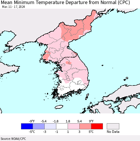 Korea Mean Minimum Temperature Departure from Normal (CPC) Thematic Map For 3/11/2024 - 3/17/2024
