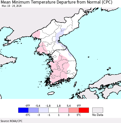 Korea Mean Minimum Temperature Departure from Normal (CPC) Thematic Map For 3/18/2024 - 3/24/2024