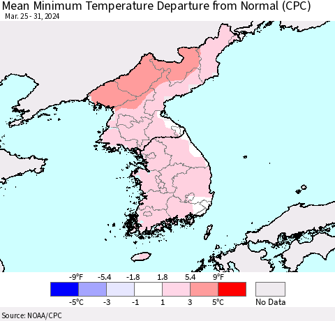 Korea Mean Minimum Temperature Departure from Normal (CPC) Thematic Map For 3/25/2024 - 3/31/2024