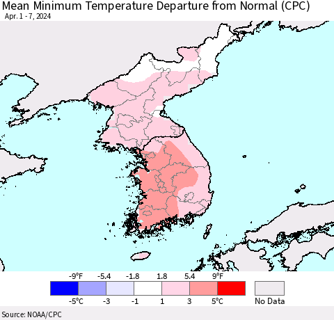 Korea Mean Minimum Temperature Departure from Normal (CPC) Thematic Map For 4/1/2024 - 4/7/2024