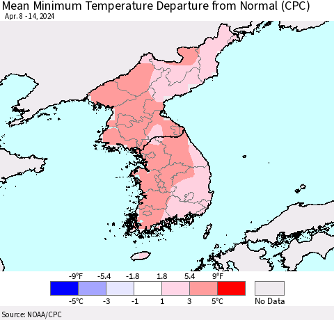 Korea Mean Minimum Temperature Departure from Normal (CPC) Thematic Map For 4/8/2024 - 4/14/2024