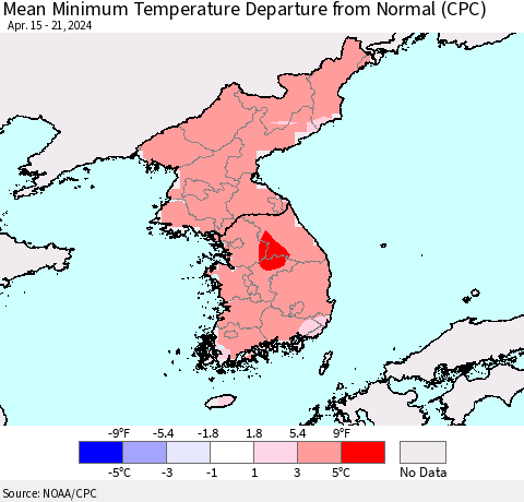Korea Mean Minimum Temperature Departure from Normal (CPC) Thematic Map For 4/15/2024 - 4/21/2024