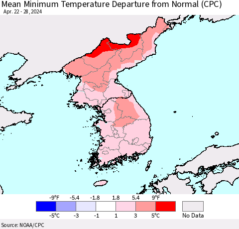 Korea Mean Minimum Temperature Departure from Normal (CPC) Thematic Map For 4/22/2024 - 4/28/2024