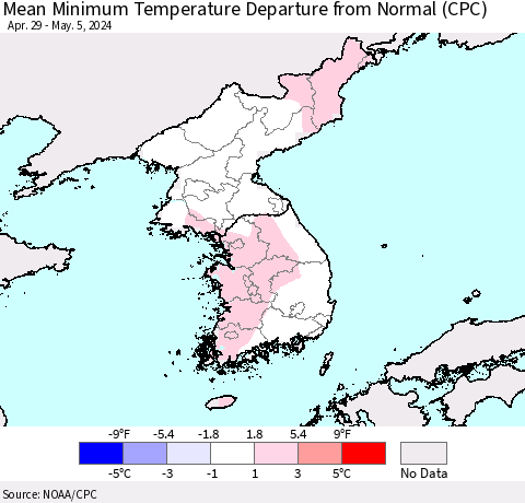 Korea Mean Minimum Temperature Departure from Normal (CPC) Thematic Map For 4/29/2024 - 5/5/2024