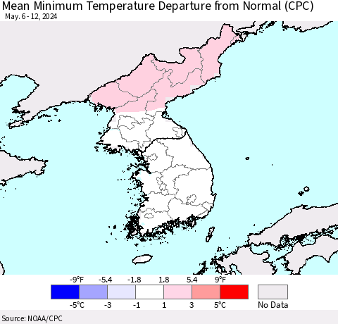 Korea Mean Minimum Temperature Departure from Normal (CPC) Thematic Map For 5/6/2024 - 5/12/2024