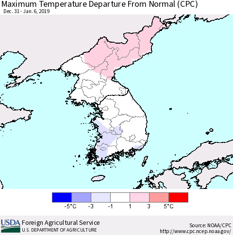 Korea Mean Maximum Temperature Departure from Normal (CPC) Thematic Map For 12/31/2018 - 1/6/2019