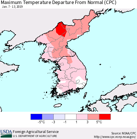 Korea Mean Maximum Temperature Departure from Normal (CPC) Thematic Map For 1/7/2019 - 1/13/2019