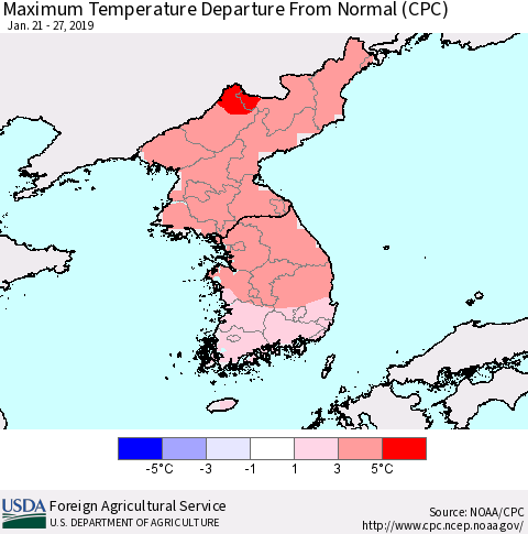 Korea Mean Maximum Temperature Departure from Normal (CPC) Thematic Map For 1/21/2019 - 1/27/2019