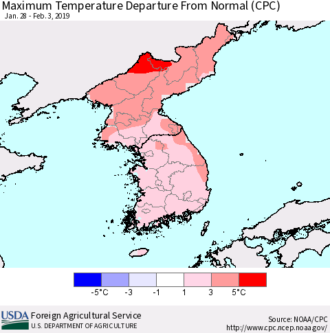 Korea Mean Maximum Temperature Departure from Normal (CPC) Thematic Map For 1/28/2019 - 2/3/2019
