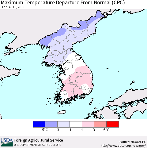 Korea Mean Maximum Temperature Departure from Normal (CPC) Thematic Map For 2/4/2019 - 2/10/2019