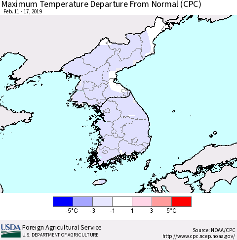 Korea Mean Maximum Temperature Departure from Normal (CPC) Thematic Map For 2/11/2019 - 2/17/2019