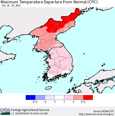 Korea Mean Maximum Temperature Departure from Normal (CPC) Thematic Map For 2/18/2019 - 2/24/2019