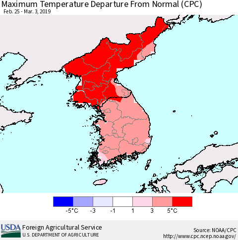 Korea Mean Maximum Temperature Departure from Normal (CPC) Thematic Map For 2/25/2019 - 3/3/2019