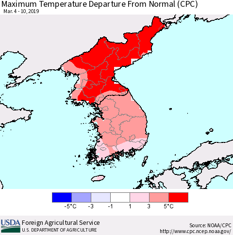 Korea Mean Maximum Temperature Departure from Normal (CPC) Thematic Map For 3/4/2019 - 3/10/2019
