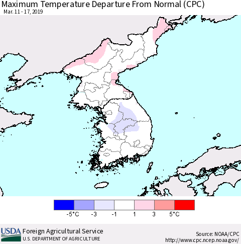 Korea Mean Maximum Temperature Departure from Normal (CPC) Thematic Map For 3/11/2019 - 3/17/2019