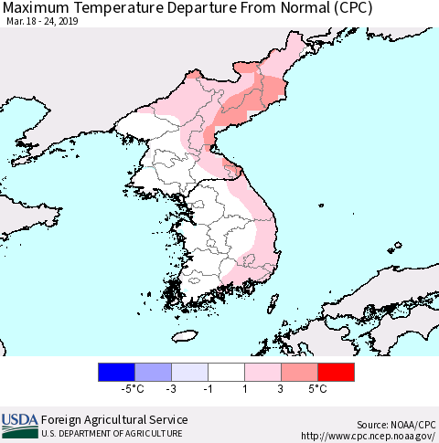 Korea Mean Maximum Temperature Departure from Normal (CPC) Thematic Map For 3/18/2019 - 3/24/2019