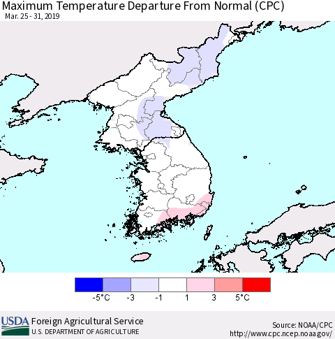 Korea Mean Maximum Temperature Departure from Normal (CPC) Thematic Map For 3/25/2019 - 3/31/2019
