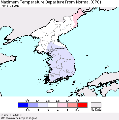 Korea Mean Maximum Temperature Departure from Normal (CPC) Thematic Map For 4/8/2019 - 4/14/2019